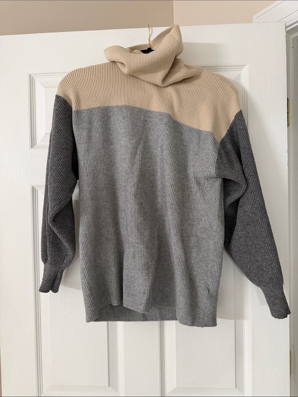 Adore Me Gray and Cream Block Turtleneck Sweater